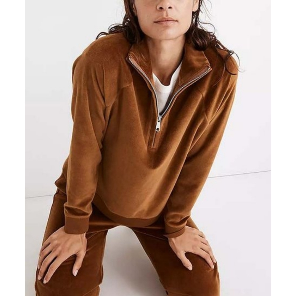 Madewell Camel Brown Half-Zip Velour Pullover